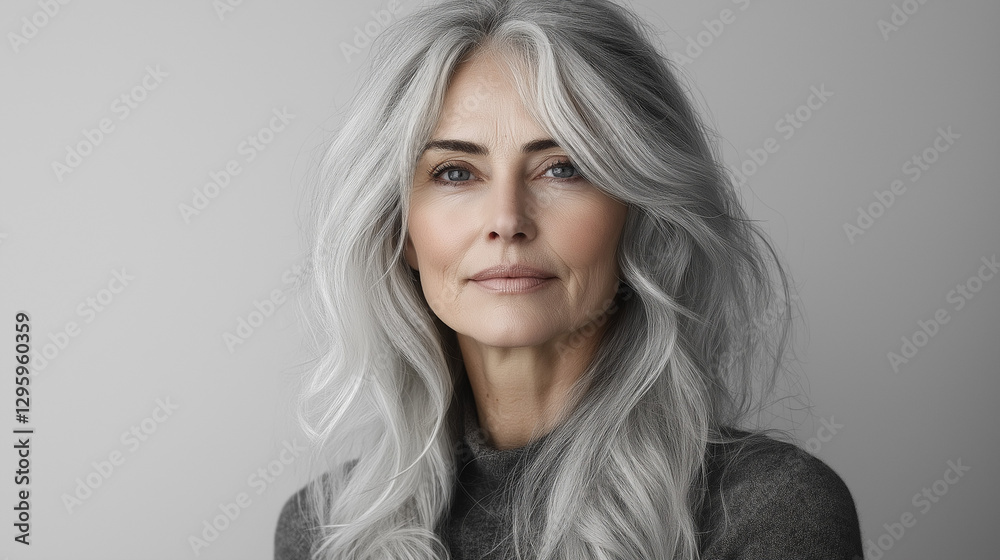 Fototapeta premium A mature woman with flowing silver hair radiates confidence and elegance. Her gentle expression and the soft lighting accentuate her natural beauty against a minimalistic background