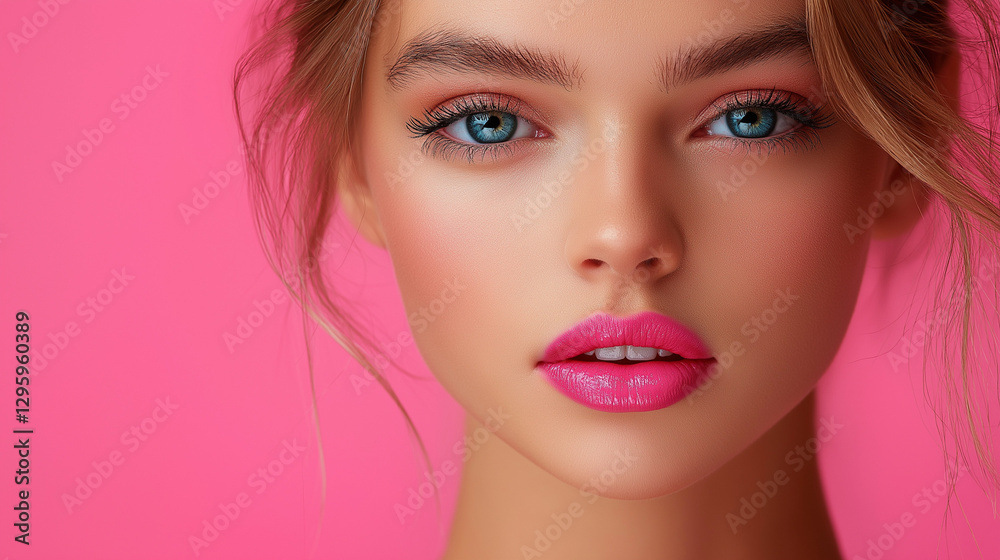 A glamorous portrait showcases a model with mesmerizing blue eyes and luminous skin against a vivid pink backdrop. Her bold lip color enhances the overall allure and charm A glamorous portrait showcases a model with mesmerizing blue eyes and luminous skin against a vivid pink backdrop. Her bold lip color enhances the overall allure and charm