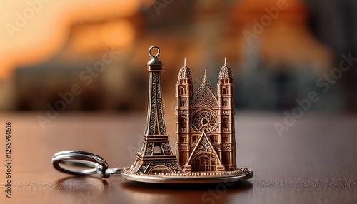 A detailed shot of a souvenir keychain with a tiny landmark, focusing on the fine details and intricate craftsmanship of the miniature object.
