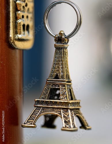 A detailed shot of a souvenir keychain with a tiny landmark, focusing on the fine details and intricate craftsmanship of the miniature object.