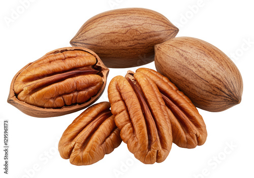 Isolated Group of Shelled and Unshelled Pecan Nuts, Macro Detail
