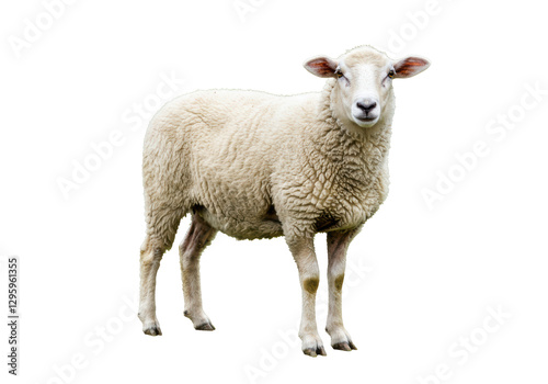 Isolated Standing White Sheep with Thick Wool Fleece, Farm Animal