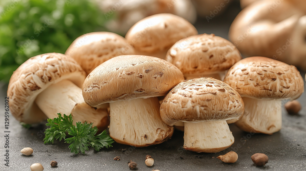 Plump mushrooms are artfully arranged on a dark surface alongside fresh herbs, inviting a culinary adventure. The warm tones enhance the rustic atmosphere, showcasing nature's bounty Plump mushrooms are artfully arranged on a dark surface alongside fresh herbs, inviting a culinary adventure. The warm tones enhance the rustic atmosphere, showcasing nature's bounty