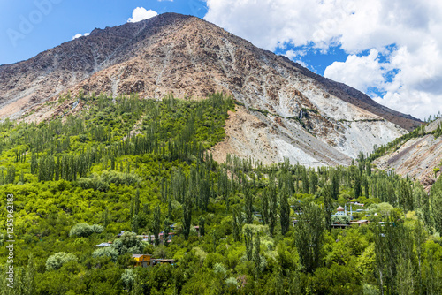 Beautiful landscape with mountains and the Drass River at Chanigound village in Kargil, Ladakh, India. photo
