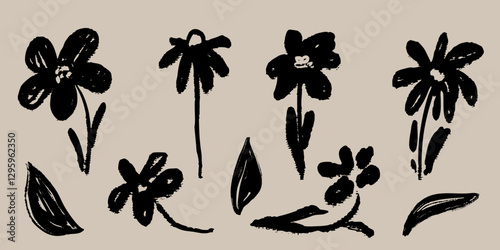 Ink Marker Gouache flowers hand drawn sketches illustrations. Dry brush stroke simple minimalistic floral doodles isolated on white for cosmetics, kid education