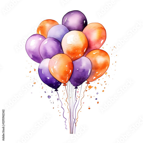 A bunch of purple and orange balloons tied together with strings, surrounded by colorful paint splashes on a white background, creating a festive and artistic vibe