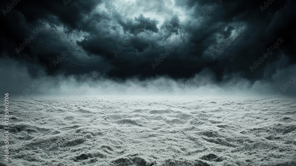 Fototapeta premium Dramatic Landscape with Dark Clouds and Fog over Textured Ground