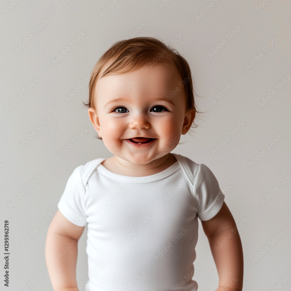 A happy baby wearing a white short-sleeved bodysuit, standing and smiling at the camera, against a plain background A happy baby wearing a white short-sleeved bodysuit, standing and smiling at the camera, against a plain background