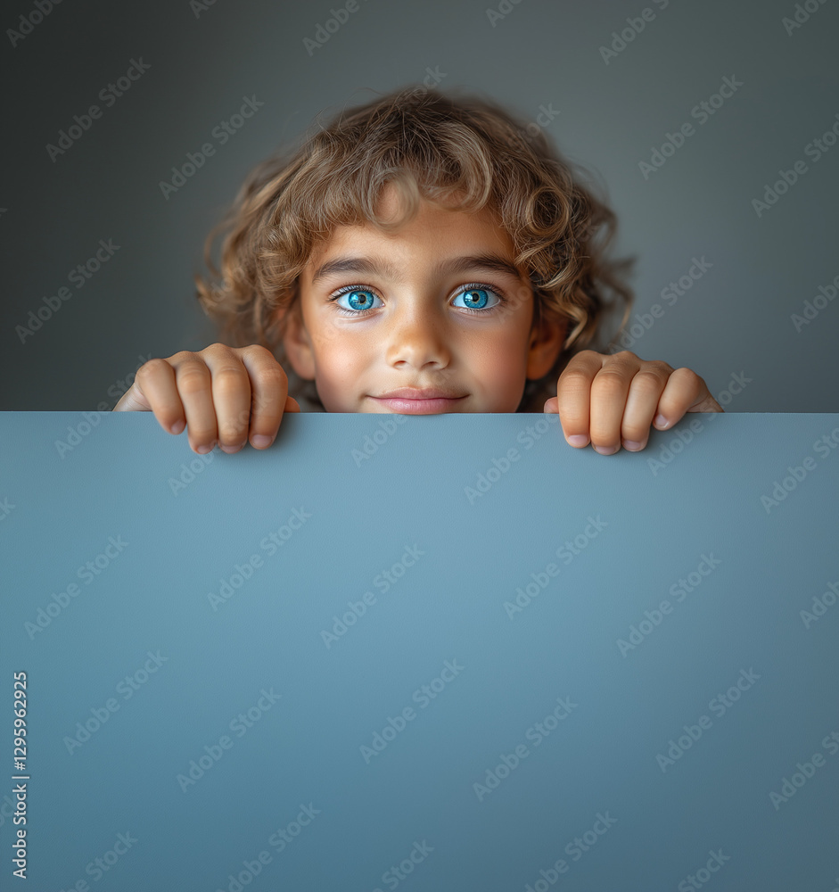 A curious child with curly hair and bright blue eyes peers over a blank surface, evoking a sense of wonder and creativity in a soft, muted indoor space A curious child with curly hair and bright blue eyes peers over a blank surface, evoking a sense of wonder and creativity in a soft, muted indoor space