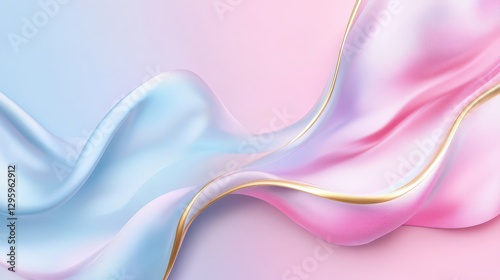 The background is a pink and light blue gradient with flowing ribbons forming abstract shapes.This design can be used for advertising, promotional materials, or as digital art.