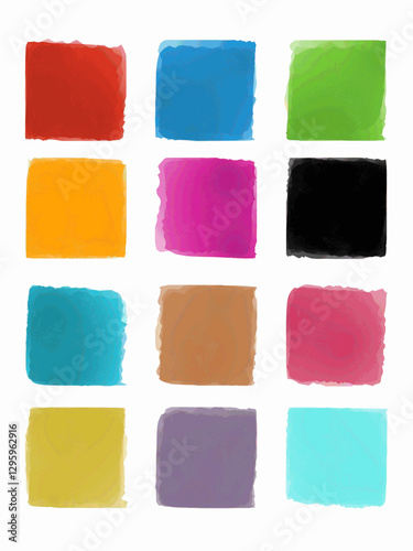 Twelve colorful abstract watercolor square labels
