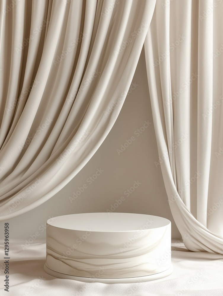 Elegant Beige Fabric Backdrop with Round Pedestal Elegant Beige Fabric Backdrop with Round Pedestal