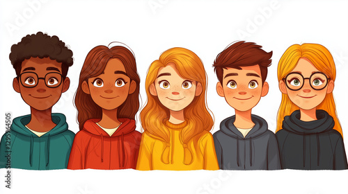 Five young friends stand together, displaying a vibrant mix of personalities and styles