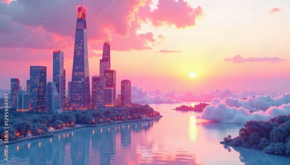 Fototapeta premium Futuristic cityscape at sunset over a white futuristic background, skyscrapers, technology, cityscape