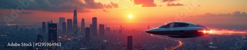 Futuristic cityscape at sunset with sleek skyscrapers and flying cars moving swiftly through the air, cityscape, speed, movement