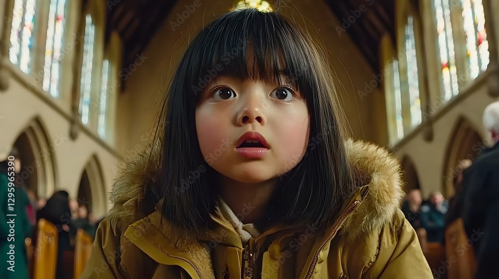 Fototapeta premium Young Child in a Church Filled with Awe and Wonder While Observing the Congregation