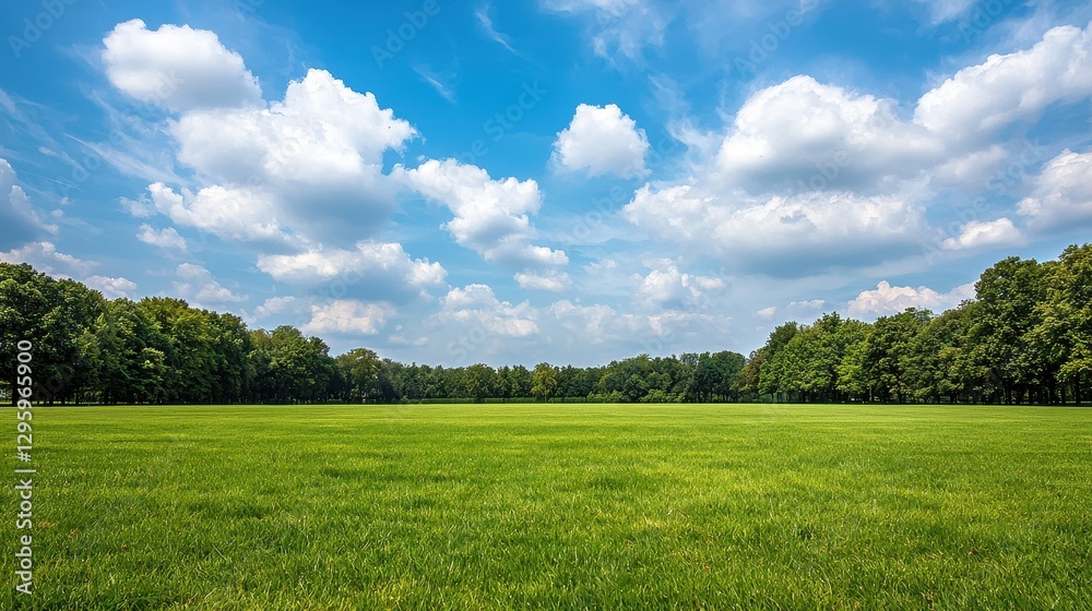 Obraz premium Lush Green Field Under Bright Blue Sky with Fluffy White Clouds