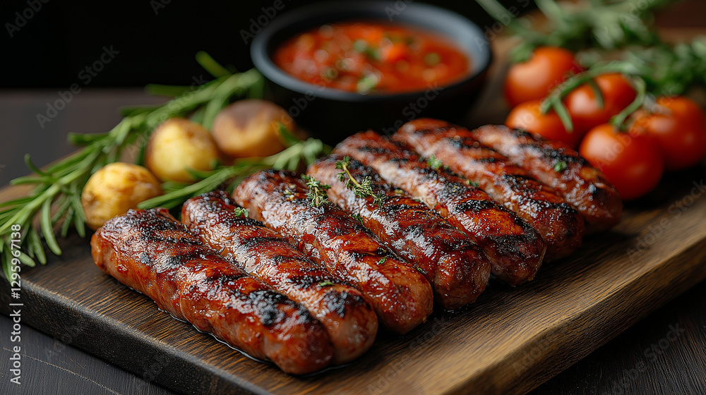Deliciously grilled sausages are arranged neatly on a wooden platter, accompanied by vibrant cherry tomatoes and a bowl of zesty dipping sauce, perfect for a summer feast Deliciously grilled sausages are arranged neatly on a wooden platter, accompanied by vibrant cherry tomatoes and a bowl of zesty dipping sauce, perfect for a summer feast