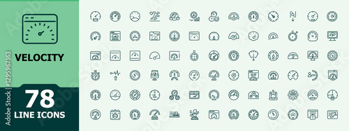 Velocity icon set. Contains related to meter, car, stopwatch, running, wheel, quick, test, performance. Set of line pictogram. Signs for web, mobile app, packaging. Minimalistic icons.