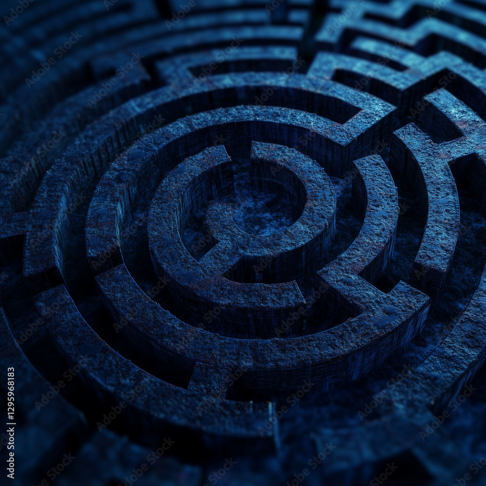 Maze of Complexity: A three-dimensional stone labyrinth evokes a sense of mystery and challenge. A symbol of complexity, decision-making, and finding a solution. Maze of Complexity: A three-dimensional stone labyrinth evokes a sense of mystery and challenge. A symbol of complexity, decision-making, and finding a solution.