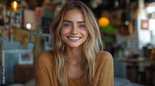 Wallpaper Mural A young woman with a joyful expression enjoys her time in a charming cafe filled with eclectic decorations. Sunlight streams in, adding warmth to the inviting atmosphere Torontodigital.ca