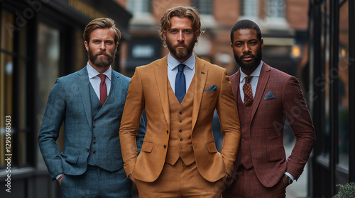 Three well-dressed men stand confidently on a city street, each wearing uniquely tailored suits that highlight their individual styles. The urban backdrop adds an air of sophistication