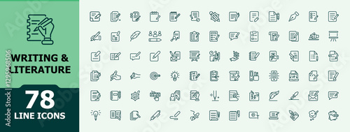 Writing and literature trendy minimal icons. Containing page, book, pencil, handwriting, creativity, art and more. UI icon set in a thin design. Minimalistic linear icons.