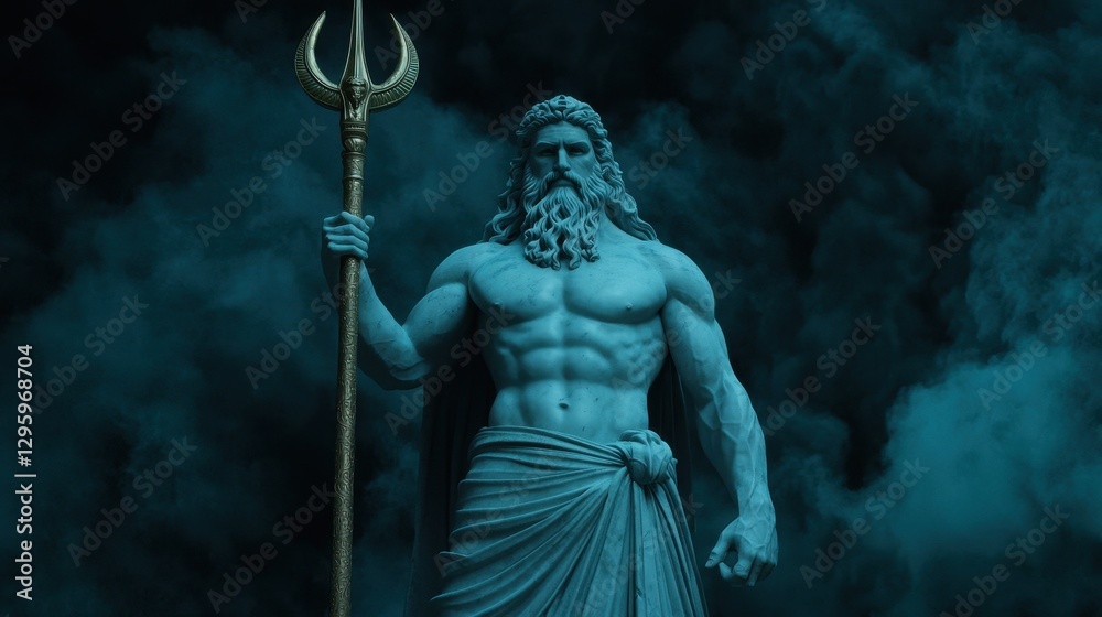 Majestic Blue Statue of a Muscular Ancient God in Smoky Atmosphere Majestic Blue Statue of a Muscular Ancient God in Smoky Atmosphere