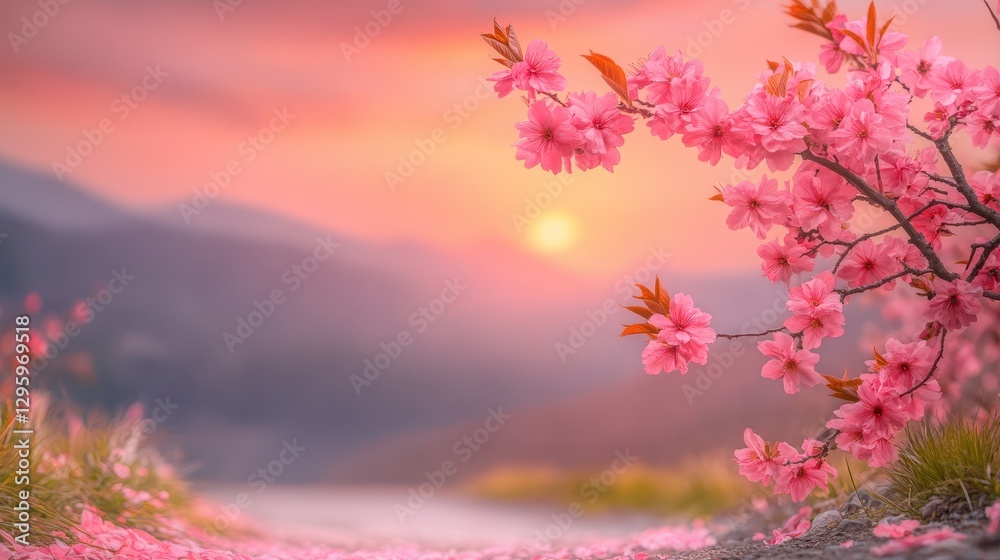 Delicate Cherry Blossom Branch with Pink Flowers Against a Soft Sunset Over Mountains and a Serene Pathway in the Background