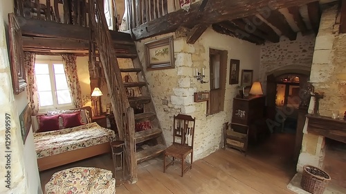 Cozy Rustic Interior of a Vintage Home with Wooden Beams and Charming Decor Elements