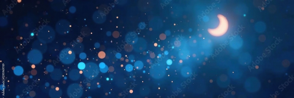 Glittering bokeh with stars and moon in a dark blue background, starry night, dark blue, bokeh Glittering bokeh with stars and moon in a dark blue background, starry night, dark blue, bokeh