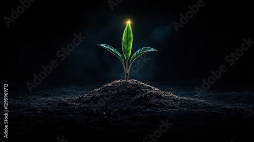 A small vibrant green plant emerges from dark soil