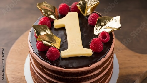 A cake with the number 1 on it, the cake is made of moist layers and decorated with colorful icing and sprinkles, perfect for a celebration.
