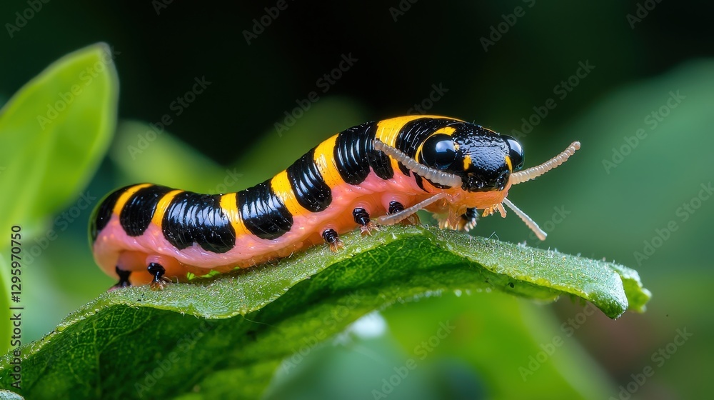 A colorful caterpillar with stripes rests on a vibrant green leaf A colorful caterpillar with stripes rests on a vibrant green leaf