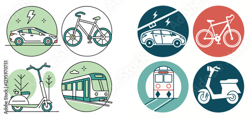 Flat Vector Icons of Eco-Friendly Transportation Modes for Sustainable Travel set bundle