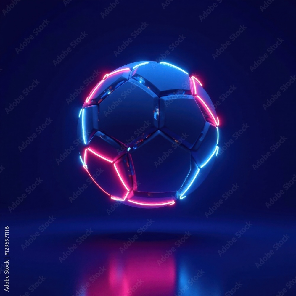 Naklejka premium glowing neon soccer ball suspended in mid air over dark blue background, glowing soccer ball, stadium lights, glowing orb