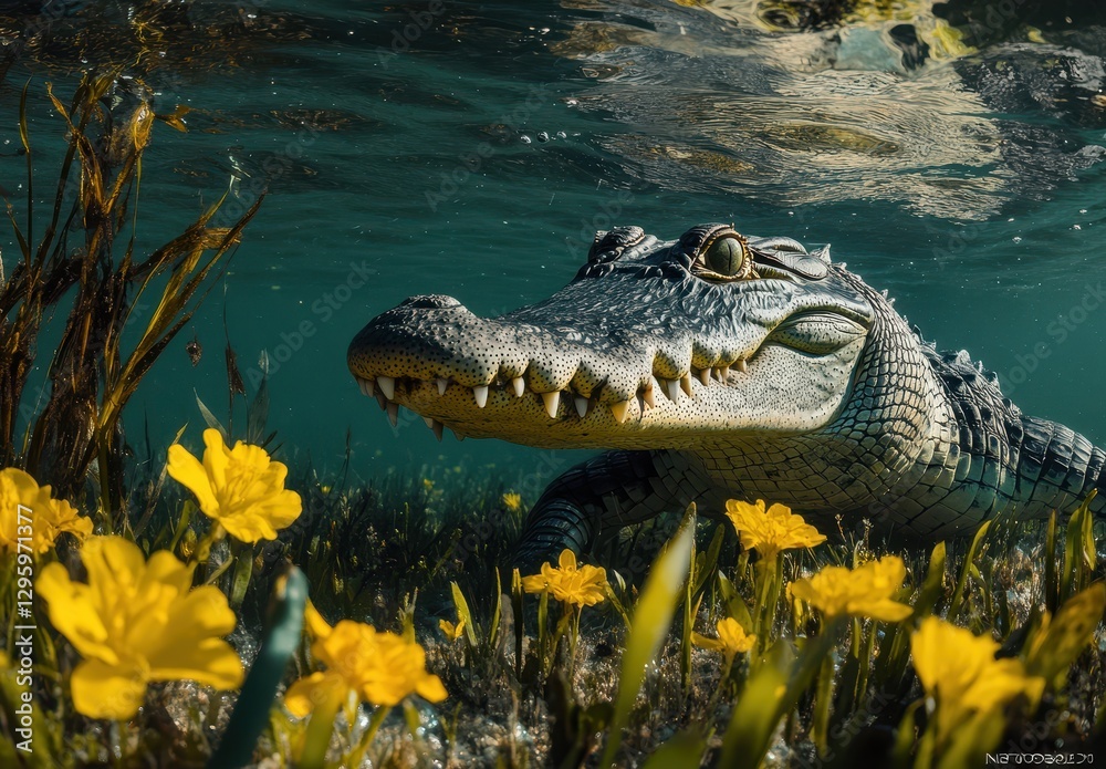 Obraz premium Close-up View of a Crocodile Swimming Beneath Water Surrounded by Vibrant Yellow Flowers and Lush Greenery in a Serene Aquatic Environment