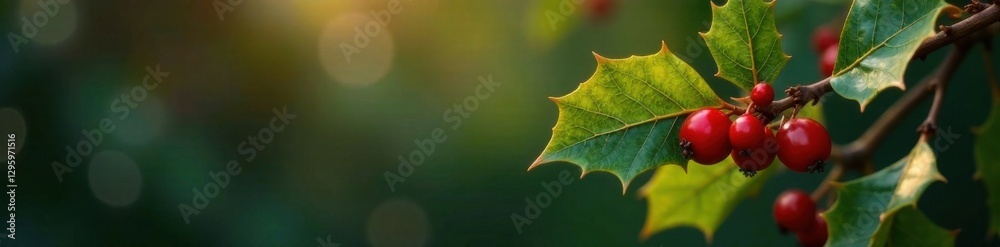 Gold holly leaf with berries suspended in air, holly, festive, isolated background Gold holly leaf with berries suspended in air, holly, festive, isolated background