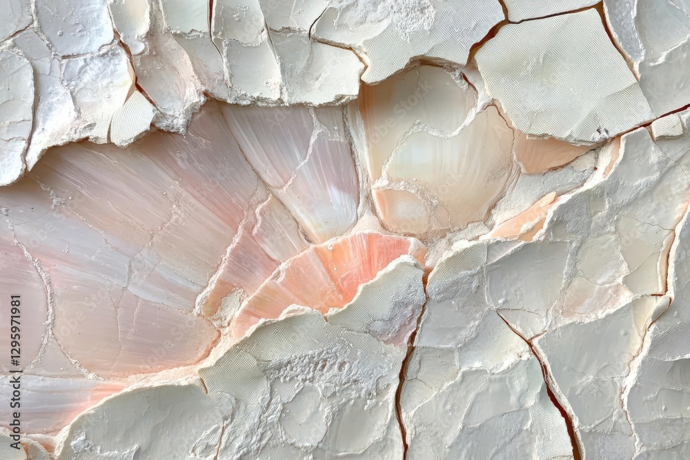 close-up of a cracked seashell, pearlescent ivory ridges, soft pink interior, faint sand grains, warm ocean glow, serene coastal fragility.