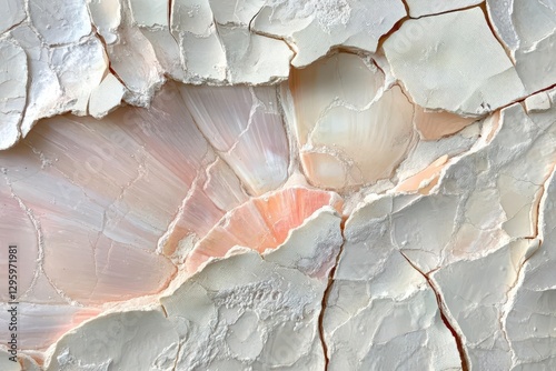 close-up of a cracked seashell, pearlescent ivory ridges, soft pink interior, faint sand grains, warm ocean glow, serene coastal fragility.