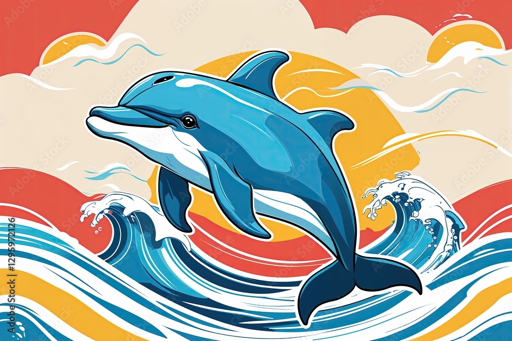 Obraz premium Vibrant Dolphin Illustration with Fun Waves and Colorful Background Design