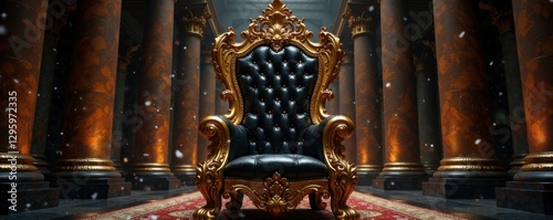 golden throne with black carvings and intricate patterns, regal, luxury, throne