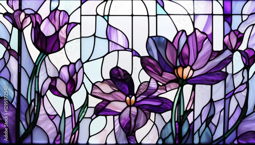Purple stained glass flowers as a background.