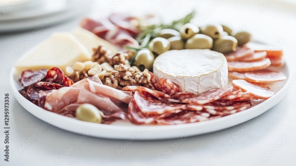 Beautifully arranged charcuterie board featuring artisanal cheeses, cured meats, fresh fruits, nuts, and olives for an elegant snack presentation Beautifully arranged charcuterie board featuring artisanal cheeses, cured meats, fresh fruits, nuts, and olives for an elegant snack presentation