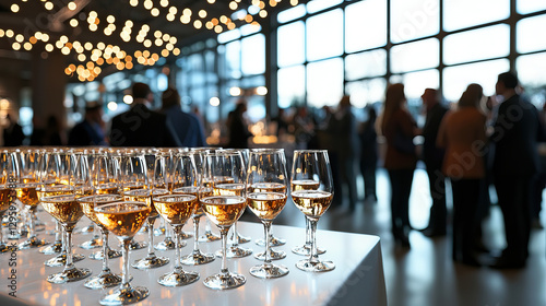 Elegant Corporate Event with Glasses of Champagne and Guests Socializing in a Stylish Venue