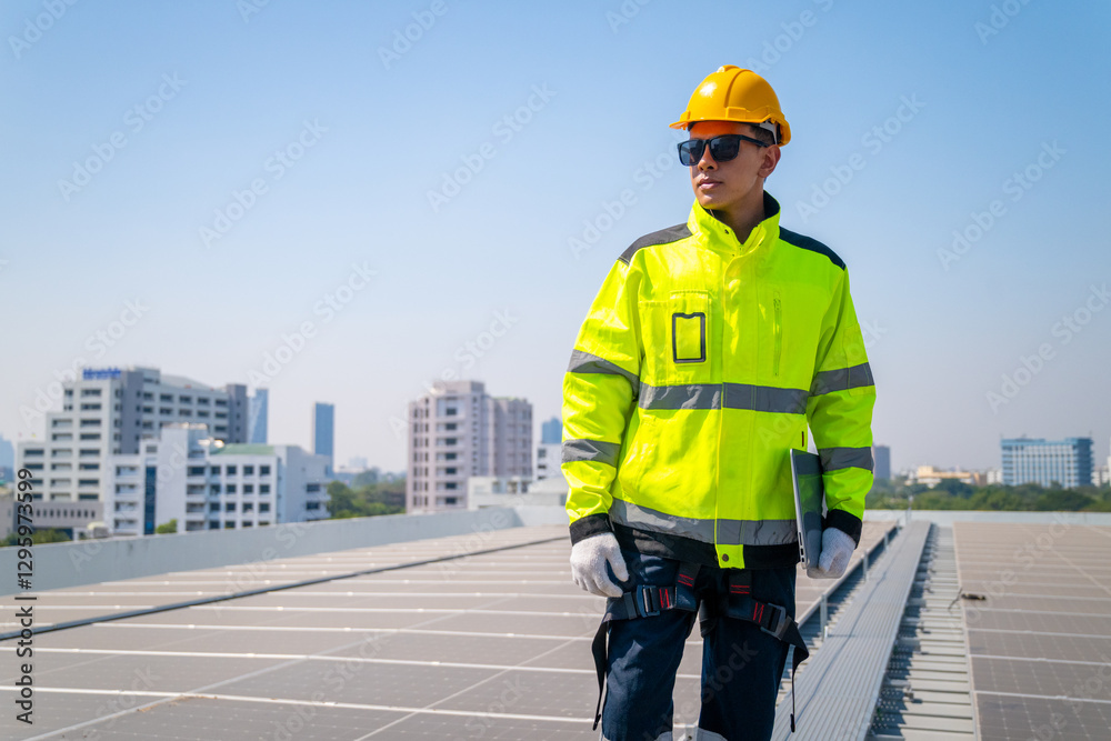 The technician Inspecting Solar Panels on a Factory Roof. An engineer wearing safety gear performing maintenance on solar panels installed on a factory rooftop, ensuring optimal energy efficiency. The technician Inspecting Solar Panels on a Factory Roof. An engineer wearing safety gear performing maintenance on solar panels installed on a factory rooftop, ensuring optimal energy efficiency.