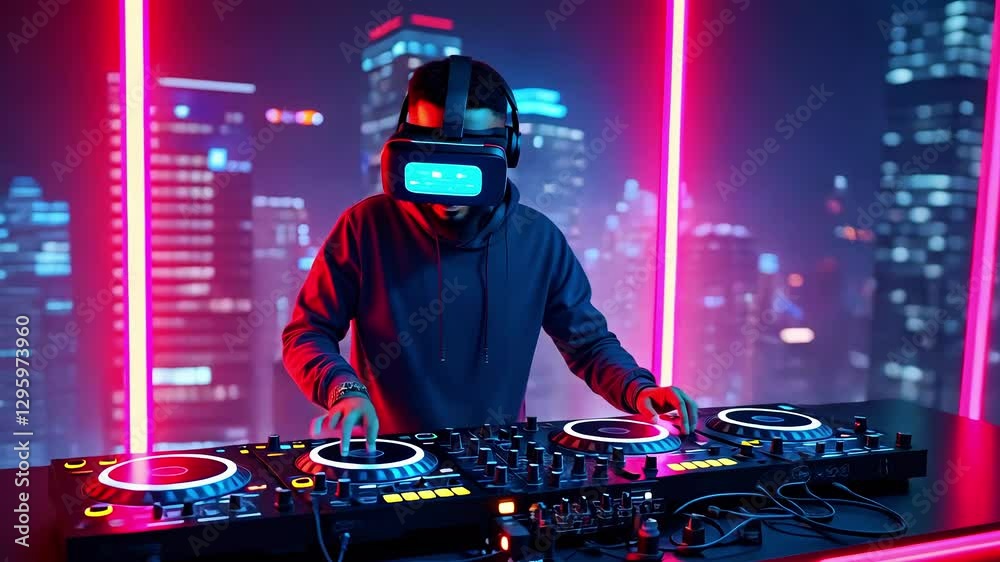 DJ wearing virtual reality headset performs at night in a vibrant city skyline with neon lights