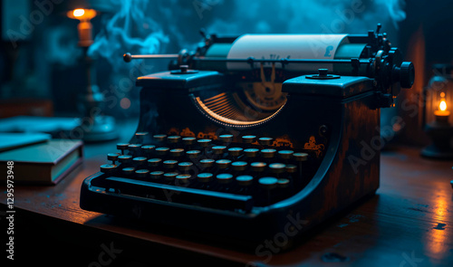Worn vintage typewriter keyboard surrounded by intricate clockwork and neon circuitry in a smoky study.