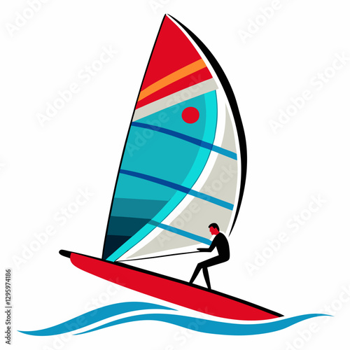 Windsurfing illustration with colorful sail against white background