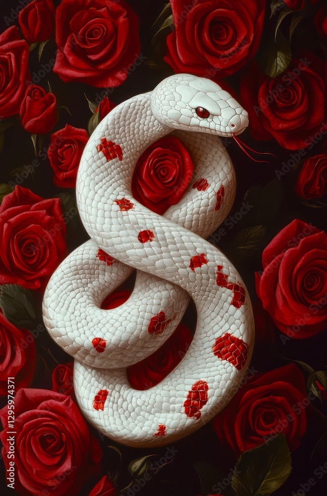 Fototapeta premium White snake among red roses.